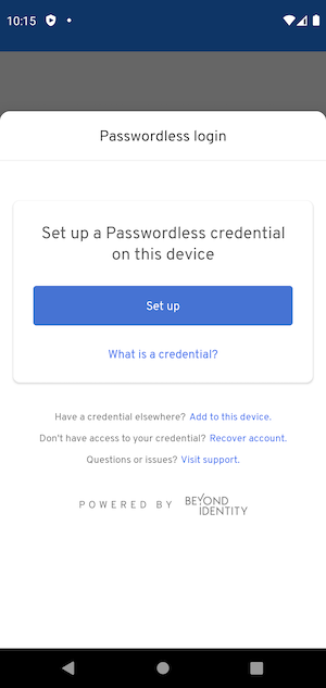 UI that shows up when you tap on the Continue with passwordless login button.